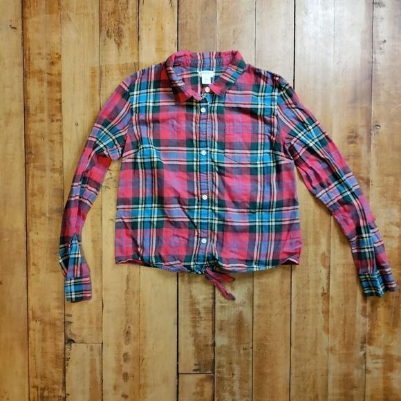Crewcuts shirt size 12 plaid crop top red green cotton button down - Picture 1 of 5